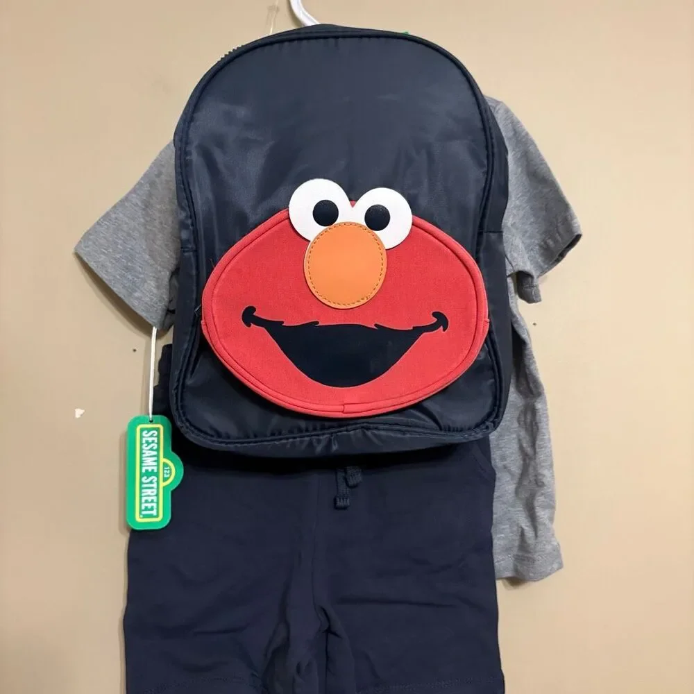 Sesame Street 3 Piece Set Elmo and Cookie Monster Shirt Shorts Elmo Backpack 3T